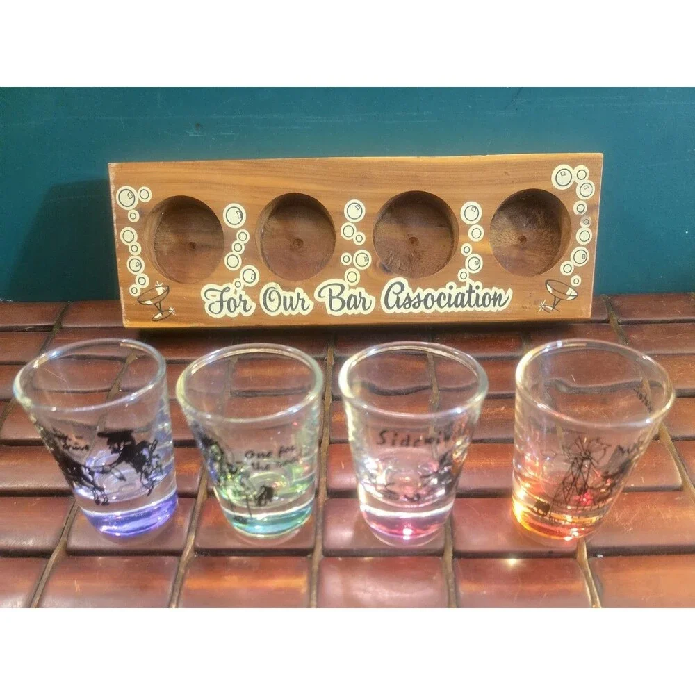 For Our Bar Association 4 Shot Glass Set with Cedar Wood Holder Vintage